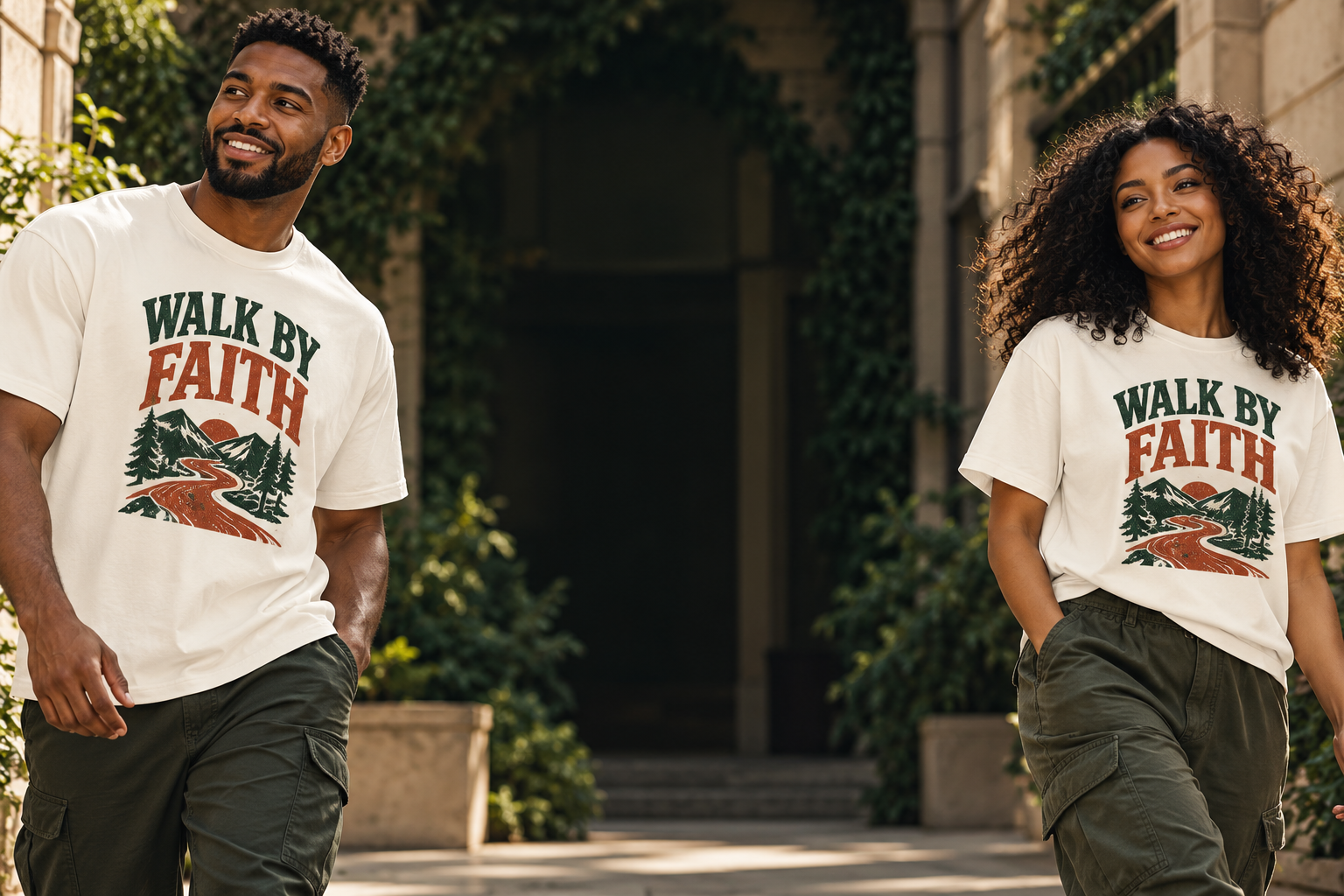 Two smiling adult models wearing Walk By Faith T-shirts — AI campaign concept